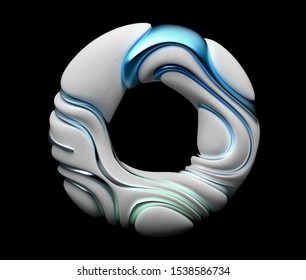 3d render abstract torus in white concrete material and rough texture  and parts in matte   glossy metal aluminium painted in blue   green gradient color black background
