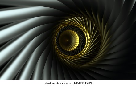 3d Render Of Abstract Tunnel Inside Aircraft Turbine Engine In Gold And Black Metal Materials 