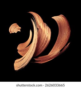 3D render, abstract twisted calligraphic brushstroke. Splash of copper metallic paint, liquid splatter, isolated on a black background
