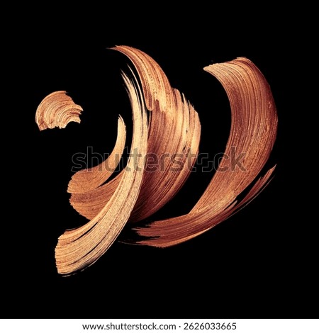 3D render, abstract twisted calligraphic brushstroke. Splash of copper metallic paint, liquid splatter, isolated on a black background