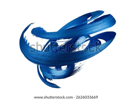 3D render, abstract twisted calligraphic brushstroke. Splash of blue liquid paint, splatter, isolated on a white background