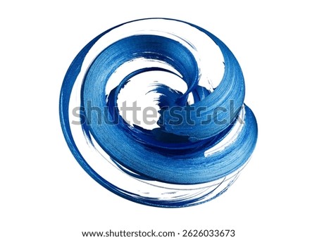 3D render, abstract twisted calligraphic brushstroke. Splash of blue liquid paint, splatter, isolated on a white background