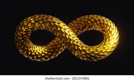 3d Render, Abstract Twisted Infinity Symbol With Shiny Metallic Dragon Scales Texture, Golden Snake, Clip Art Isolated On Black Background