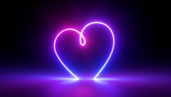 3d Render, Abstract Ultraviolet Background With Neon Heart Frame. Modern Minimal Line Art. Valentines Day Romantic Symbol Glowing In The Dark