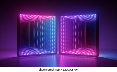 3d Render, Abstract Ultraviolet Background, Pink Blue Neon Light, Square Portal, Virtual Reality, Energy Source, Blank Space, Laser Show, Light Box