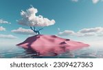 3d render. Abstract unique background. Surreal scenery. Fantasy landscape of pink island surrounded by calm water, tree metaphor under the blue sky with white clouds. Modern minimal wallpaper