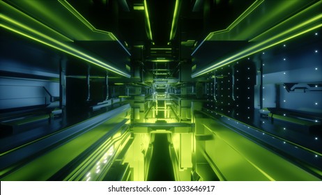 3d Render, Abstract Urban Background, Futuristic Urban Interior, Space Station, Geometric Structure, Tunnel, Corridor, Green Neon Laser Light, Cyber Safety, Virtual Reality Room