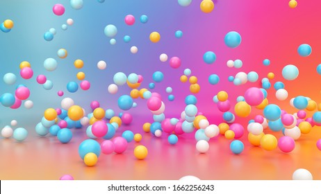 3d render, abstract vibrant gradient background, assorted colorful balls falling down, jumping, bouncing, flying or levitating inside empty room. Minimal fun concept. Pink blue yellow white balloons