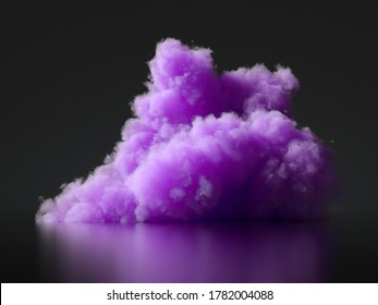 3d Render Abstract Violet Fluffy Cloud Isolated On Black Background, Room With Floor Reflection. Stormy Cumulus. Modern Creative Design