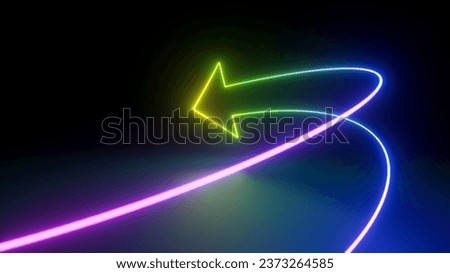 3d render, abstract violet green neon background. Colorful arrow turning around, glowing in the dark