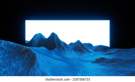 3d render, abstract virtual landscape with blue rocks and mountains. Fantastic background