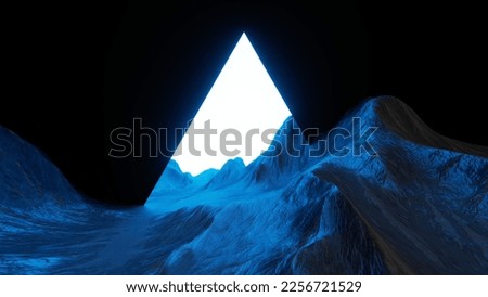 3d render, abstract virtual landscape with blue rocks and mountains. Surreal wallpaper, fantastic background with triangular portal