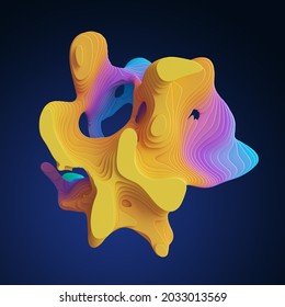 3d Render, Abstract Vivid Neon Volumetric Curvy Shapes And Wavy Lines Isolated On Dark Blue Background. Colorful Wallpaper With Layered Liquid Marbling Effect