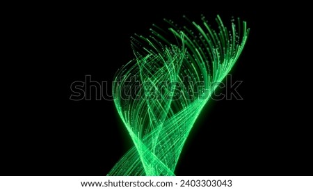 3d render. Abstract vortex of wavy green neon lines in motion, isolated on black background. Unfocussed bokeh lights