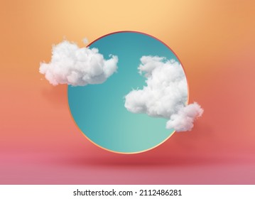 3d render  abstract wallpaper  blue sky and white clouds fly out the round hole  peachy background  Weather concept  optical illusion