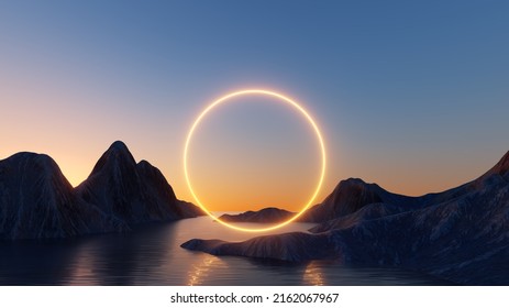 3d render  Abstract wallpaper and sunset sunrise   round geometric shape  Mystic landscape and mountains  water   glowing neon ring 