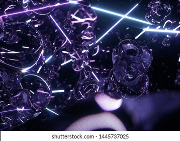 3d render of abstract water bubbles with purple neon glowing light in the dark of deep sea
