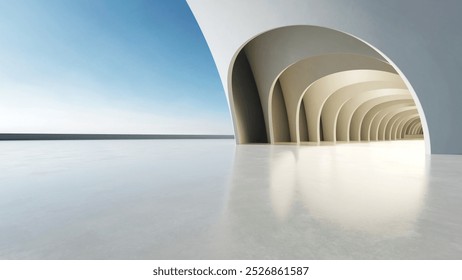 3d render of abstract wavy structure, futuristic architecture with empty concrete floor