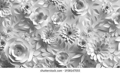 3d Render, Abstract Wedding Background With White Paper Flowers And Leaves, Floral Botanical Wallpaper