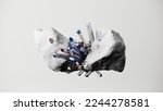 3d render, abstract white background, colorful crystals and rock stone,  broken cobblestone levitating. Modern showcase with empty podium for product presentation. 
