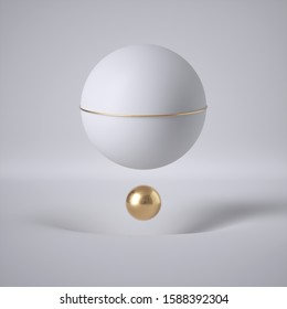 3d Render, Abstract White Background, Minimal Design, Clean Style. Floating Ball, Levitating Sphere, Flying Bubble. Gravity Concept. Hole, Dimple, Pit. Empty Template, Copy Space. Modern Blank Mockup