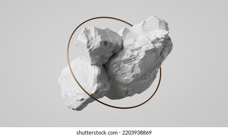 3d render, abstract white background with chalk rock stone and golden ring levitating, aesthetic minimalist wallpaper