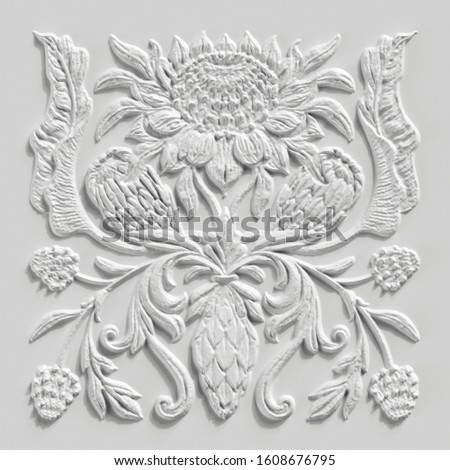3d render, abstract white botanical background, stone carved floral ornament, plaster texture, alabaster, tropical flowers and leaves, gypsum wall decor, architectural design element, antique decor
