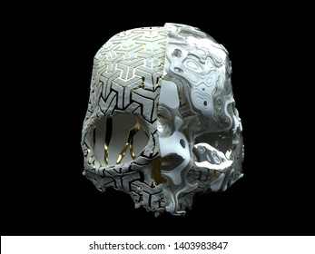 3d render of abstract white ceramic skull with golden arrows  pattern wrapped in transparent plastic with organic circles shape pattern on black background