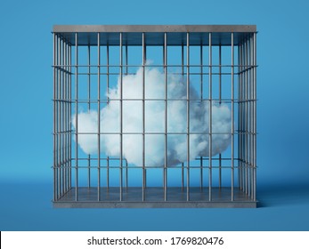 3d Render. Abstract White Cloud Locked Inside Square Cage, Isolated On Blue Background. Trapped Concept