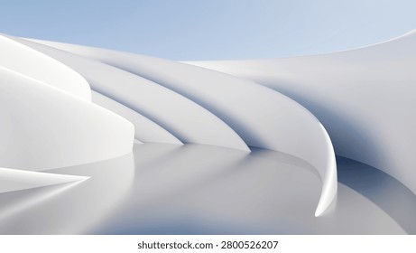 3D render of an abstract white curved pavilion or smooth futuristic architecture under a blue sky. Minimalist bright background for modern design concepts