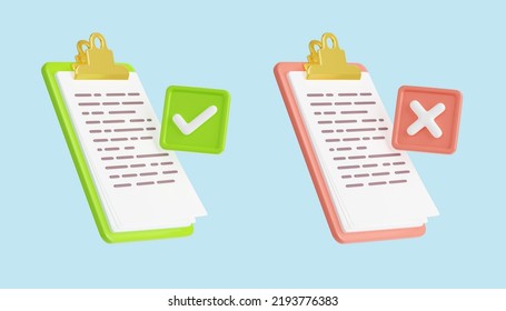 3d Render Accepted And Denied Documents On Clipboard Isolated Illustration. White Paper Sheet On Clip Board With Ticks And Cross. Refuse Work, Deny Project Plan, Document Agreement. 3D Illustration