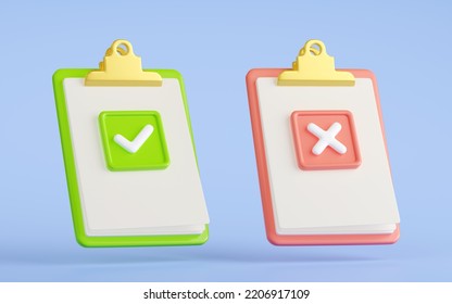 3d Render Accepted And Denied Documents On Clipboard. White Paper Sheets On Clip Boards With Tick And Cross. Refuse Work, Project Plan Agreement And Rejection, Cartoon Illustration In. 3D Illustration