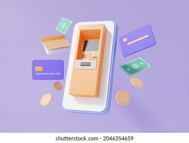 3D Render Account Atm Automatic Deposit Machine On Smartphone Floating On Purple Background Transaction Internet Banking. Money Transfer Concept. Cartoon Minimal. Illustration
