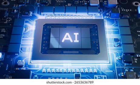 3D Render: Advanced Glowing GPU Chip with AI Letters . Next-generation Artificial Intelligence Acceleration Card for Powering High-Performance Computing inside Data Centers and Supercomputers.