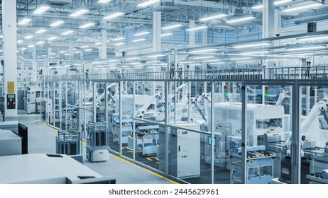 3D Render: Advanced Robot Arm Conveyor Line Manufacturing Electronics Enclosure Boxes. High Angle Shot with Artificial Intelligence Assembly Line Building High-Tech Products for Technology Industry.