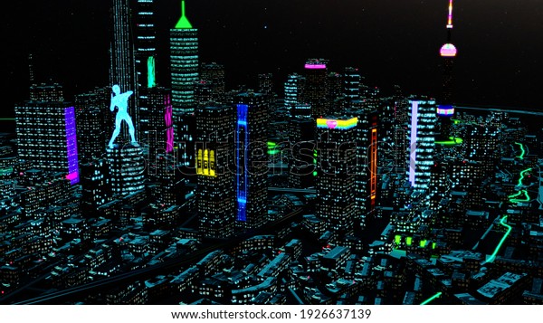 3d render. Aerial view of a Dystopian Shanghai\
city in the future with projection mapping on buildings with\
cyberpunk, neon\
colors.