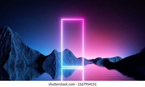 3d Render. Aesthetic Minimalist Wallpaper. Fantastic Landscape With Rocky Mountains, Calm Water, Pink Blue Evening Sky And Glowing Neon Rectangular Geometric Frame. Abstract Futuristic Background