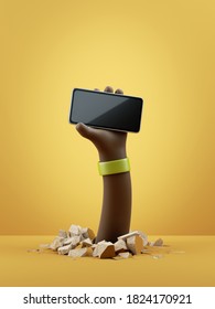 3d Render, African Cartoon Character Hand Holds Black Smart Phone Device Mockup With Blank Screen. Clip Art Isolated On Yellow Background