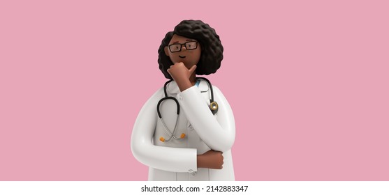 3d Render. African Woman Doctor In Glasses Thinking, Healthcare Professional. Black Female Cartoon Character Isolated On Pink Background. Medical Illustration, Problem Concept