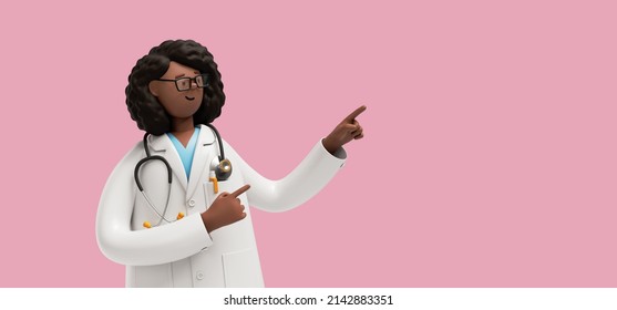 3d Render. African Woman Doctor In Glasses, Shows Direction With Finger, Healthcare Professional. Black Female Cartoon Character Isolated On Pink Background. Medical Illustration