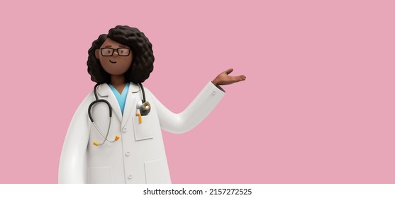 3d Render. African Woman Doctor In Glasses, Hand Gesture, Healthcare Professional. Black Female Cartoon Character Isolated On Pink Background. Medical Presentation