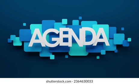 3D render of AGENDA banner with blue and turquoise squares on dark blue background - Powered by Shutterstock