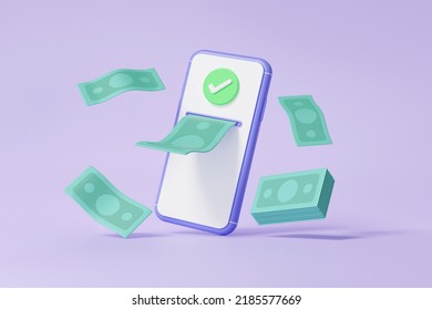 3D Render Agree Account Atm Automatic Deposit Machine On Mobile Phone Banknote Floating On Purple Background Transaction Internet Banking. Money Transfer Concept. Cartoon Minimal. 3d Illustration