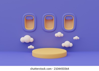 3d Render Of Airplane Window Scene With Empty Podium Stage Surrounded By Cloud  For Showing Or Presentation,minimal Style.