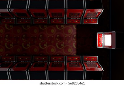 A 3D render of an aisle of switched off vintage arcade game machines with one at the end with an illuminated screen in a retro arcade room
