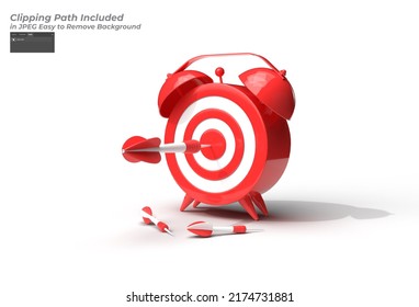 3D Render Alarm Clock Target with Arrow Time Management, Planning, Business Targeting Pen Tool Created Clipping Path Included in JPEG Easy to Composite.