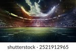 3D render of American football stadium with brightly lit yellow and purple lights, packed tribune and football field with yellow goalpost. Concept of sport, tournament, championship, game, event