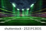 3D render of American football stadium with brightly lit green lights, packed fan stands, and football field. Evening match. Concept of sport, tournament, championship, game, event