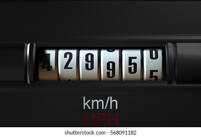 A 3D render of an analogue car odometer concept showing a very high mileage 