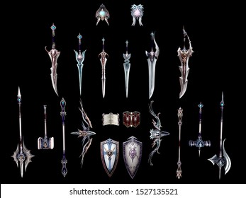 3D Render- Ancient Weapon Collection Of Sword, Ax, Shield Game Set For War
